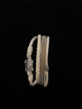 White Multi-Row Braided & Charm Wrap Bracelet with Turtle Accent